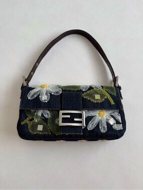Vintage Fendi Floral Embroidered Denim Baguette Shoulder Bag